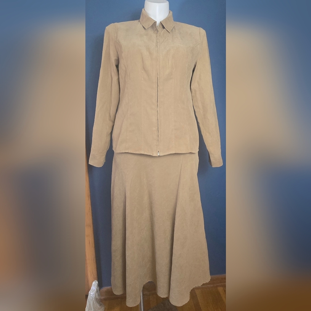 Vintage White Stag Faux Suede Soft Full Zip Top And Maxi Skirt Brown Tan Sz Lg